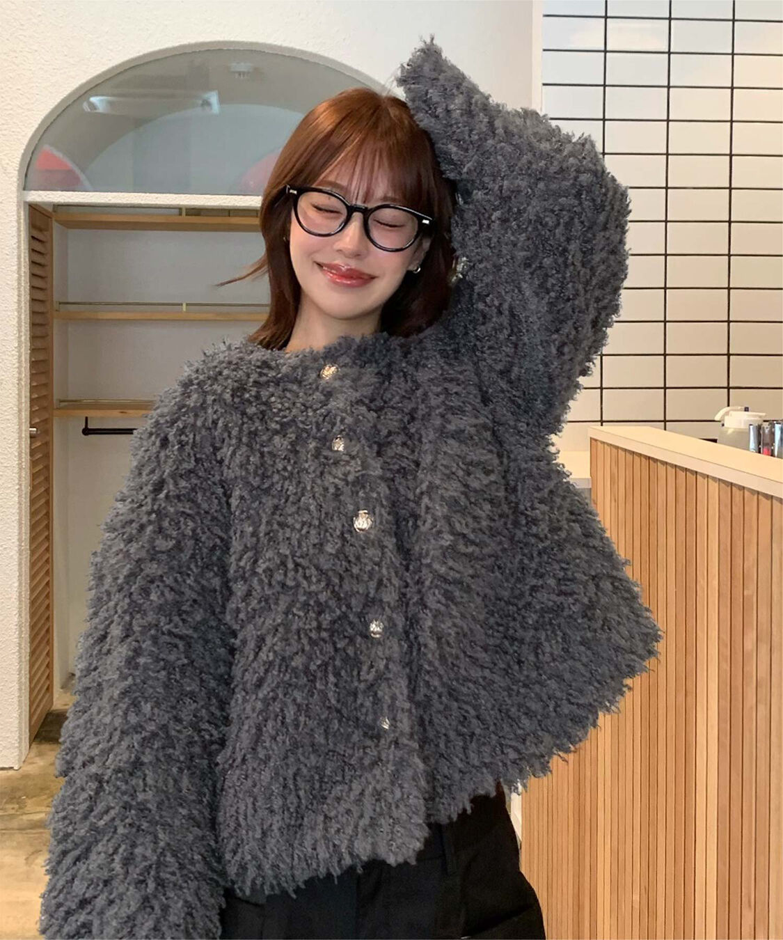 titivate「【いつきさんコラボアイテム】中綿キルティングプードルフェイクファージャケット」|ノーカラージャケット|チャコール