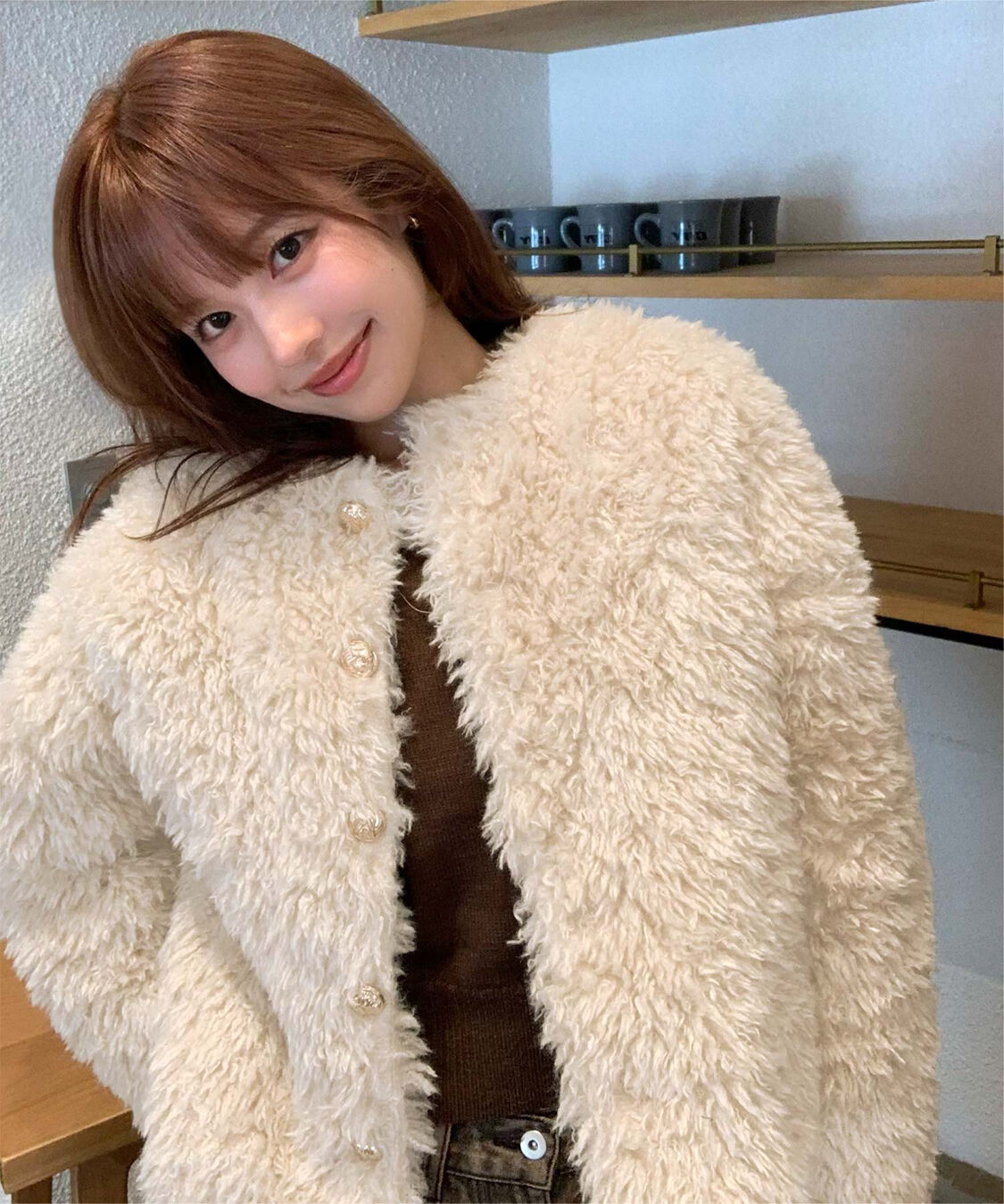 titivate「【いつきさんコラボアイテム】中綿キルティングプードルフェイクファージャケット」|ノーカラージャケット|ライトベージュ