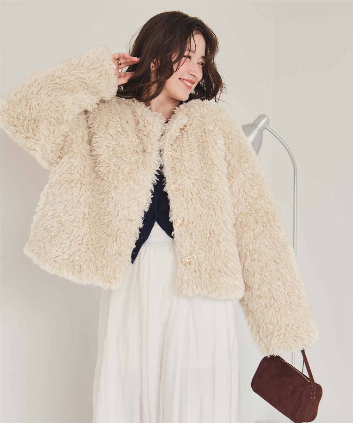 titivate「【いつきさんコラボアイテム】中綿キルティングプードルフェイクファージャケット」|ノーカラージャケット|