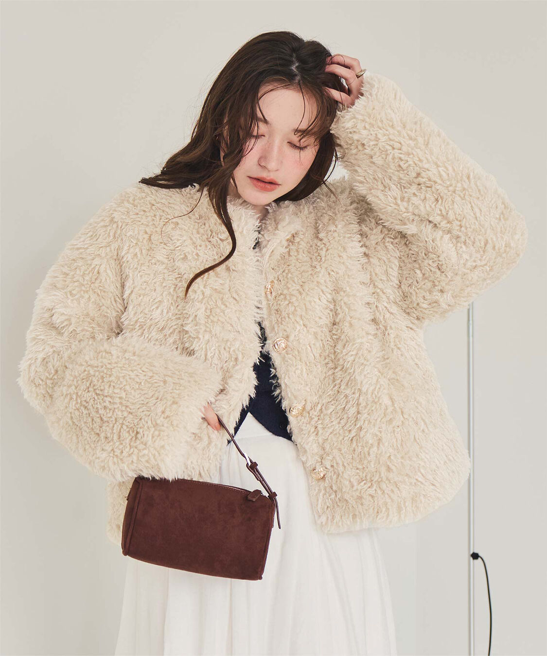 titivate「【いつきさんコラボアイテム】中綿キルティングプードルフェイクファージャケット」|ノーカラージャケット|