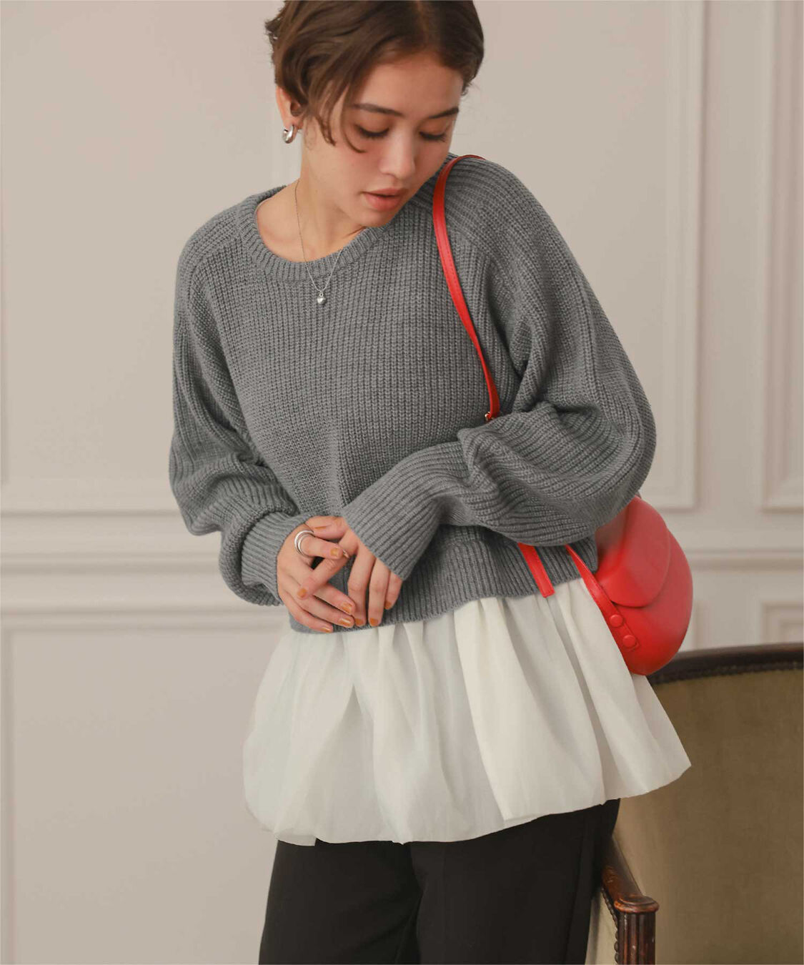 titivate「シアーペプラムドッキングニットプルオーバー」|ニット・セーター|グレー