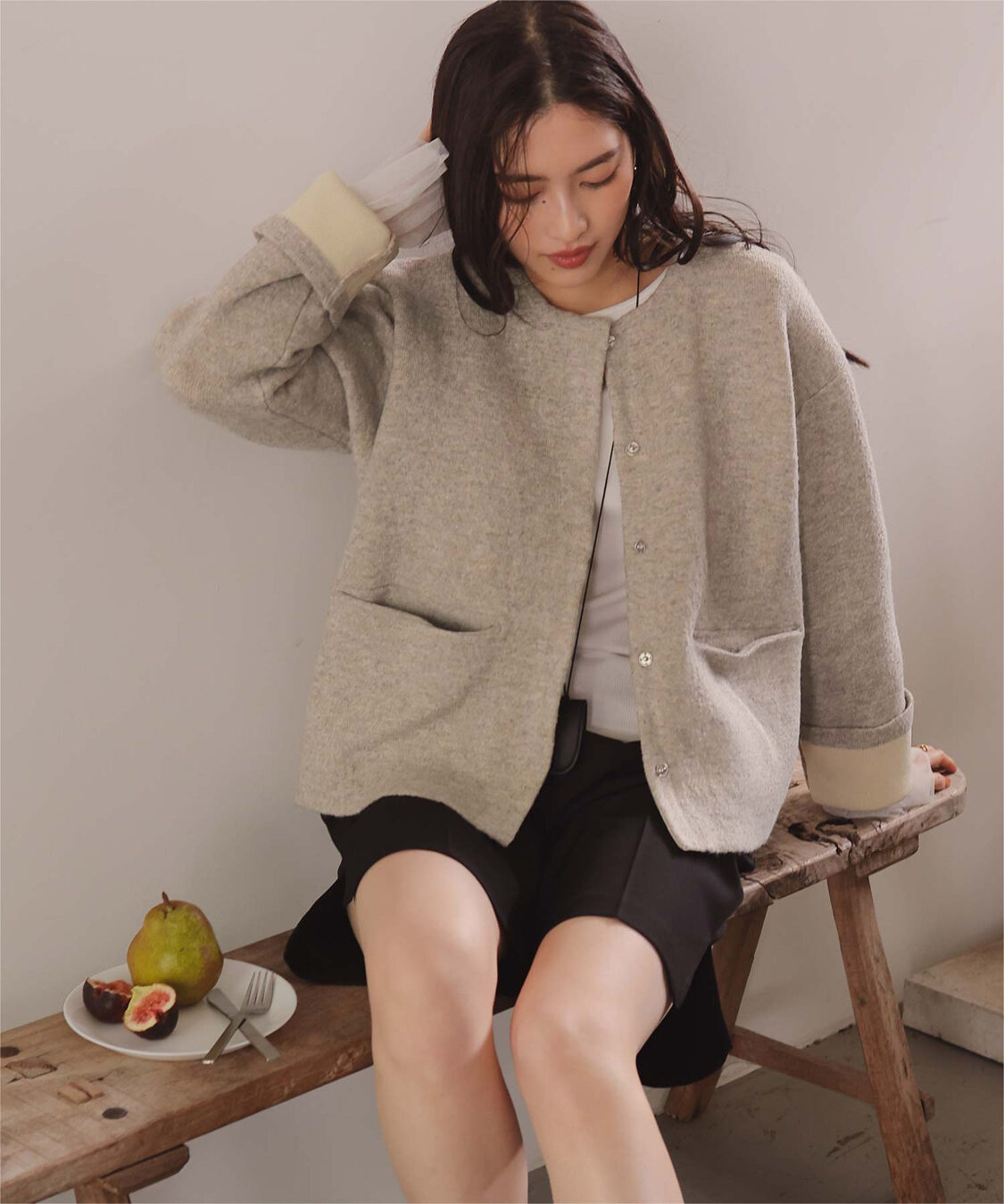 titivate「配色デザインニットコート/カーディガン」|ノーカラーコート|