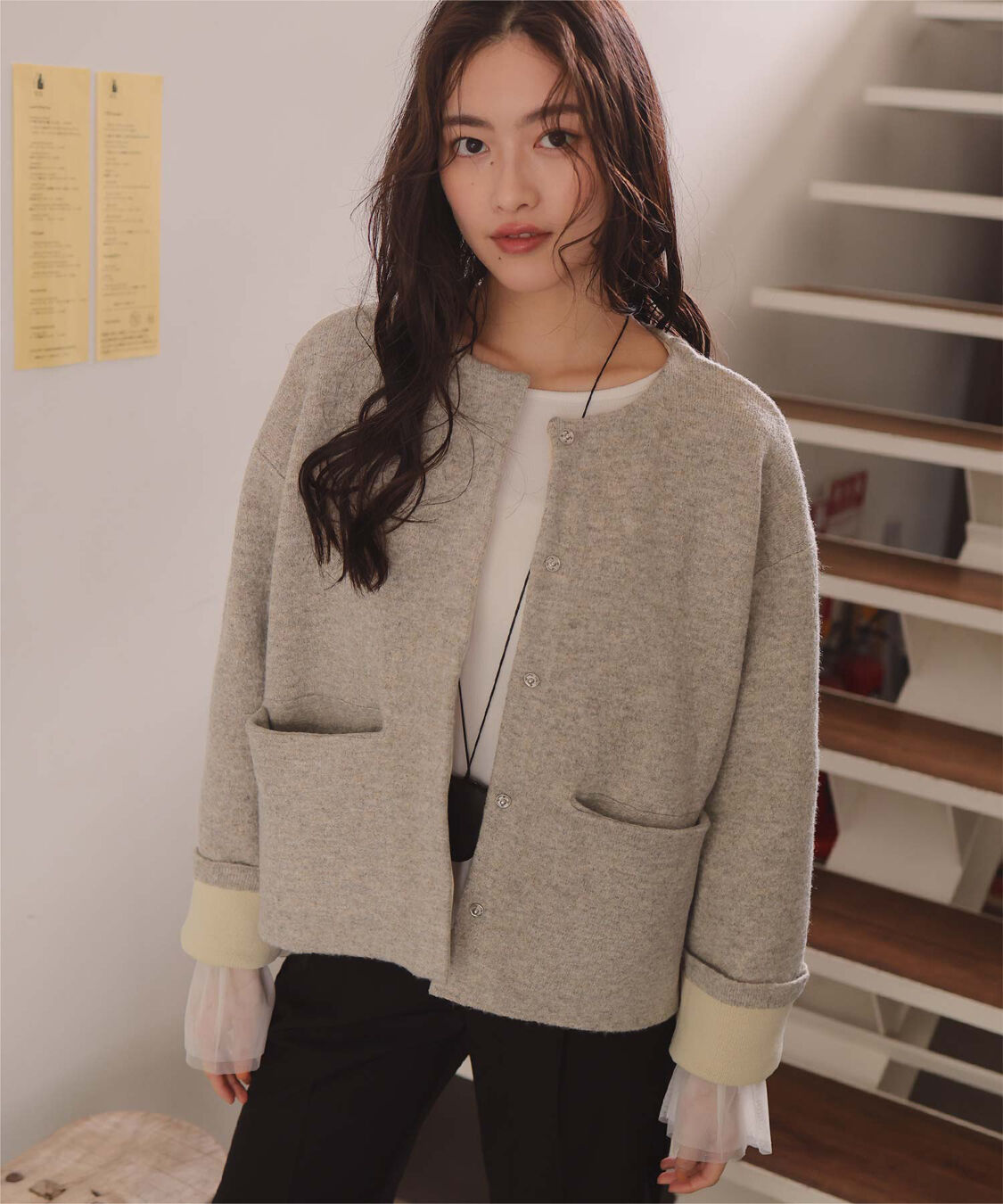 titivate「配色デザインニットコート/カーディガン」|ノーカラーコート|