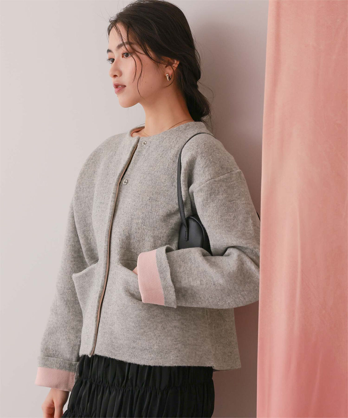 titivate「配色デザインニットコート/カーディガン」|ノーカラーコート|グレー