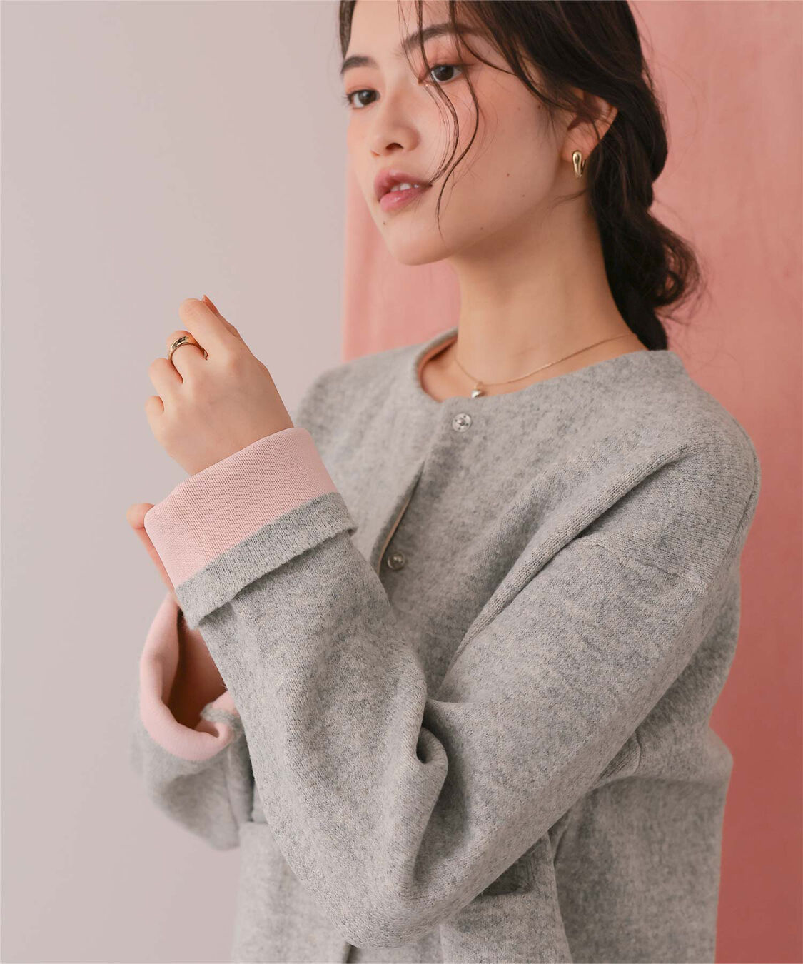 titivate「配色デザインニットコート/カーディガン」|ノーカラーコート|
