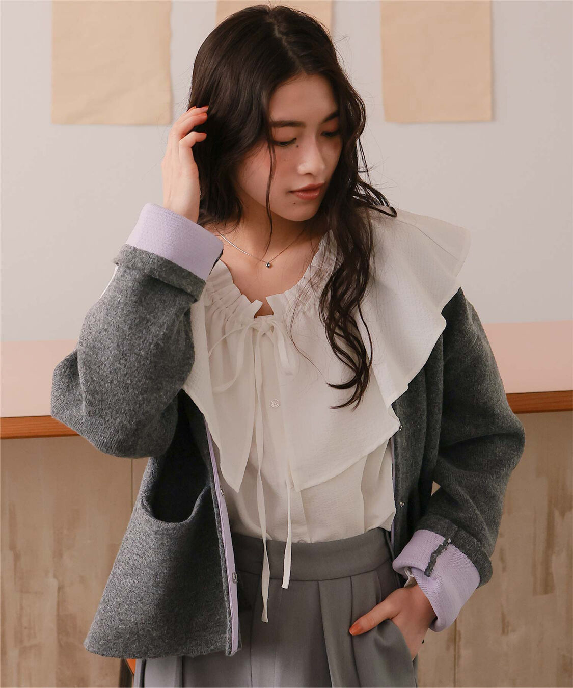 titivate「配色デザインニットコート/カーディガン」|ノーカラーコート|チャコール