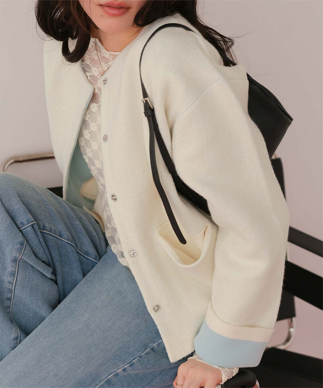 titivate「配色デザインニットコート/カーディガン」|ノーカラーコート|