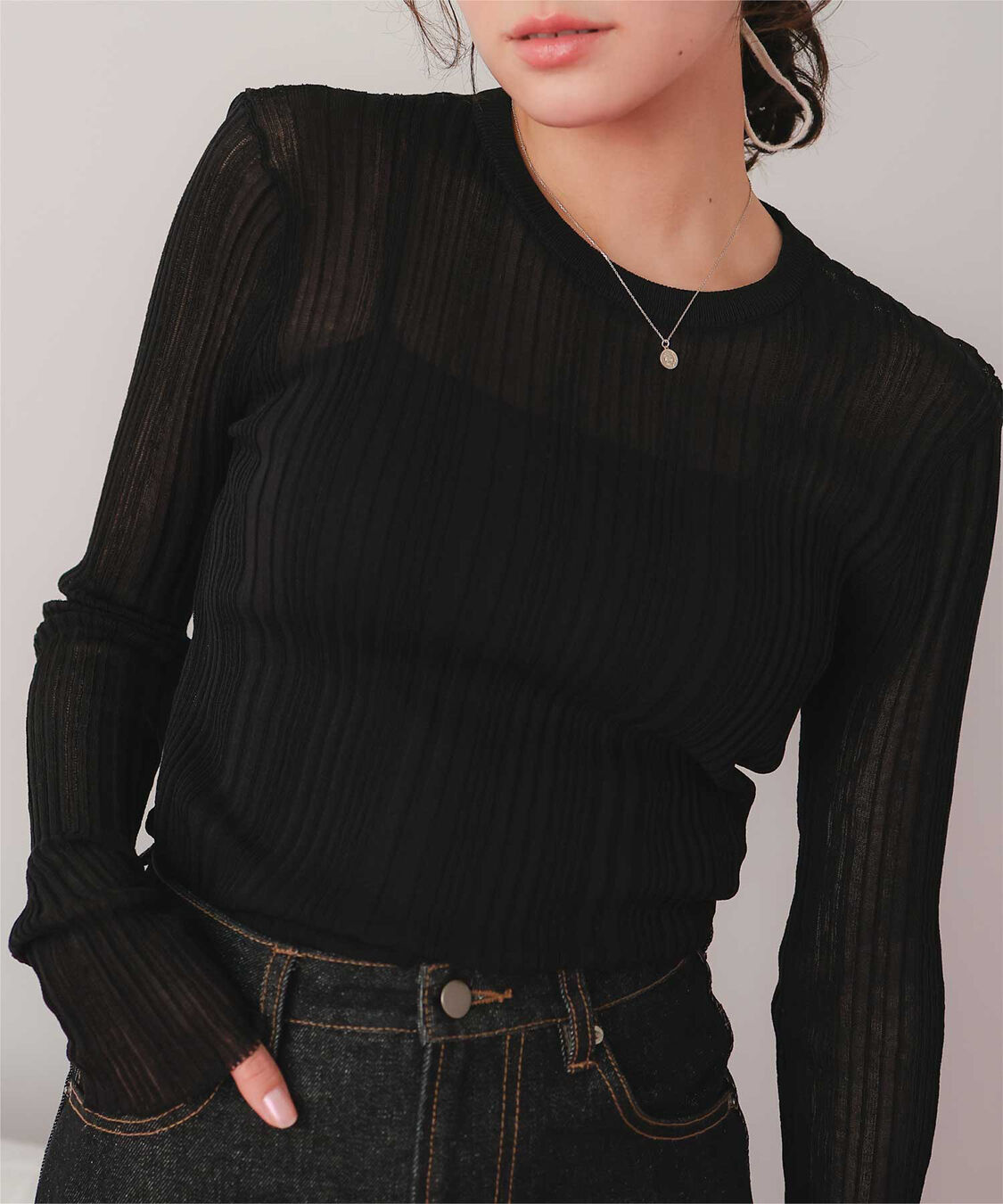 titivate「クルーネックランダムリブシアーニット」|ニット・セーター|ブラック