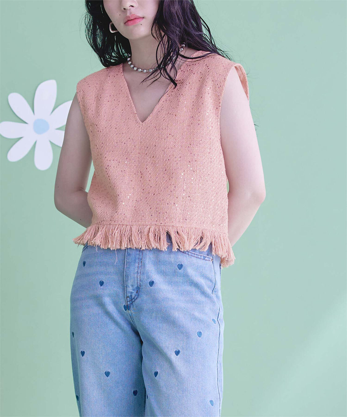miette「スパンコールツイードフリンジショートベスト」|ベスト・ジレ|