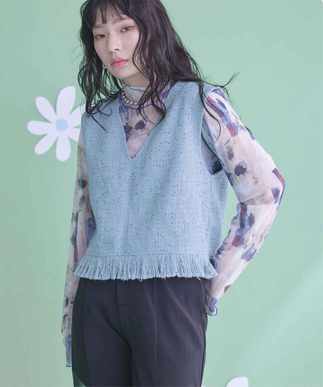 miette「スパンコールツイードフリンジショートベスト」|ベスト・ジレ|ライトブルー