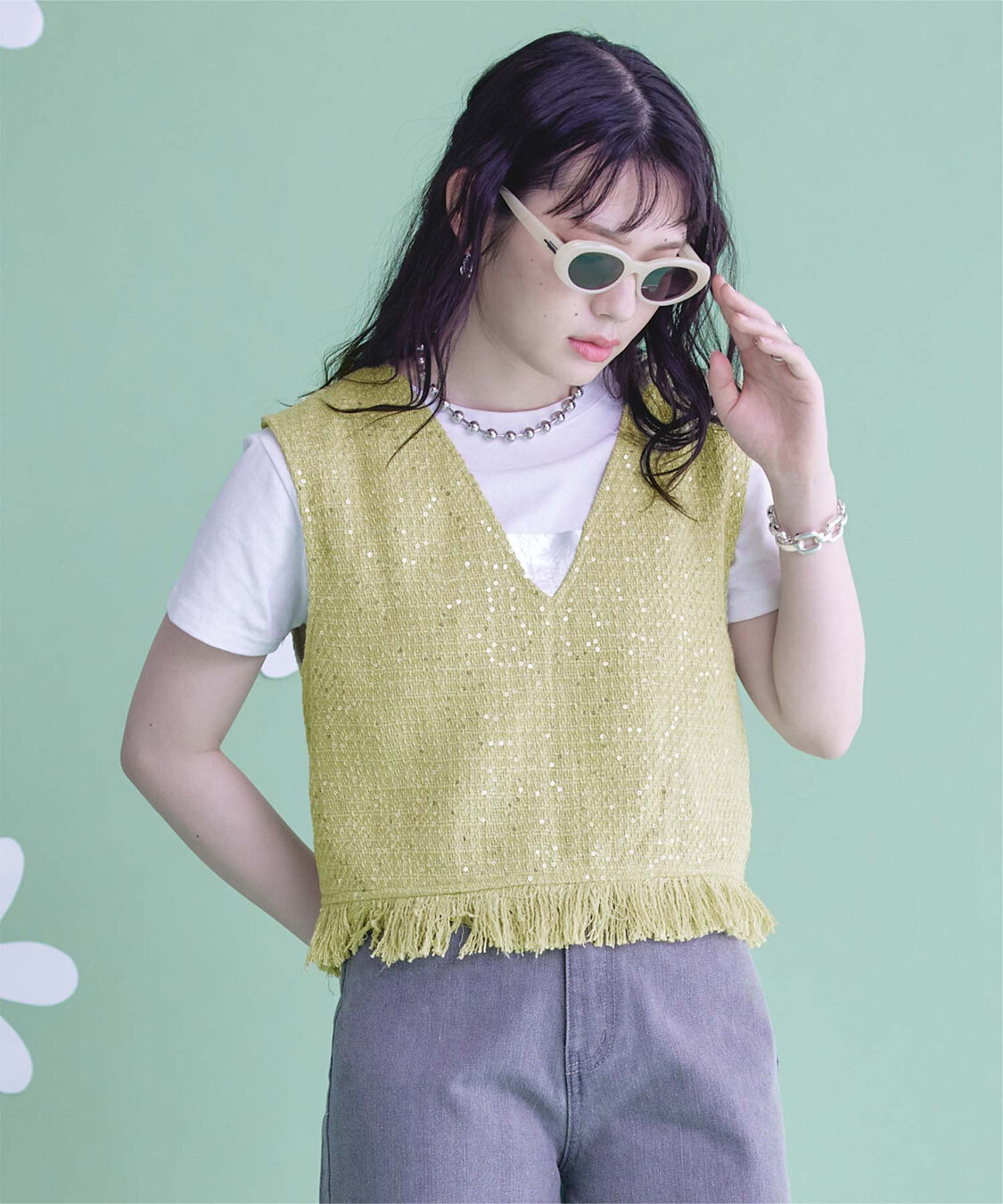 miette「スパンコールツイードフリンジショートベスト」|ベスト・ジレ|ライトグリーン
