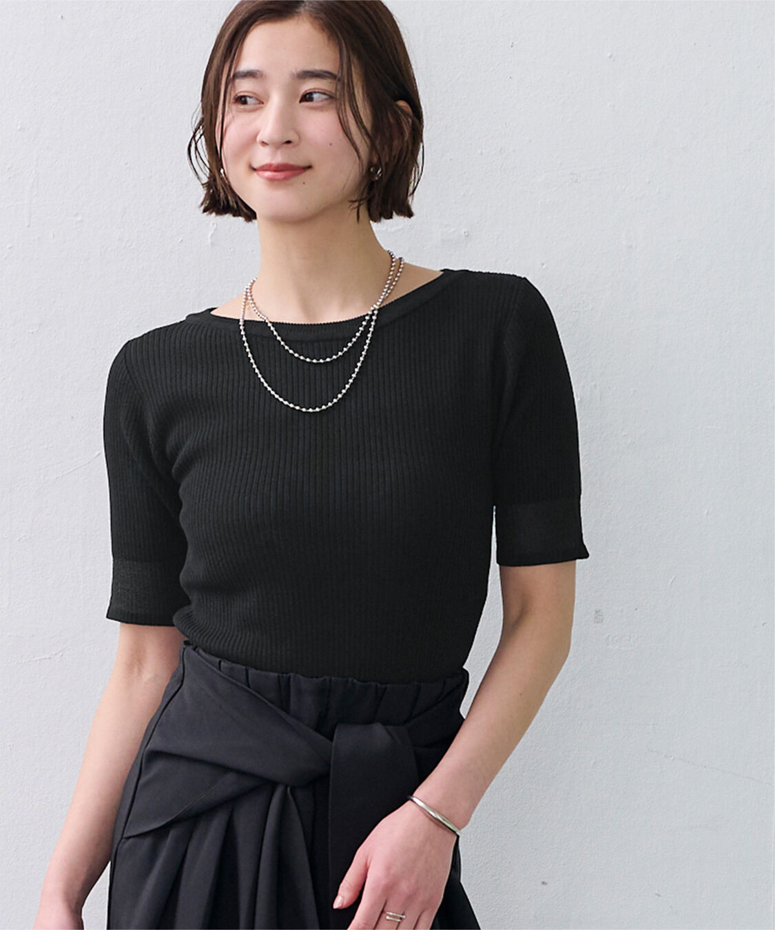 ur's「袖口シアー5分袖リブニット」|ニット・セーター|