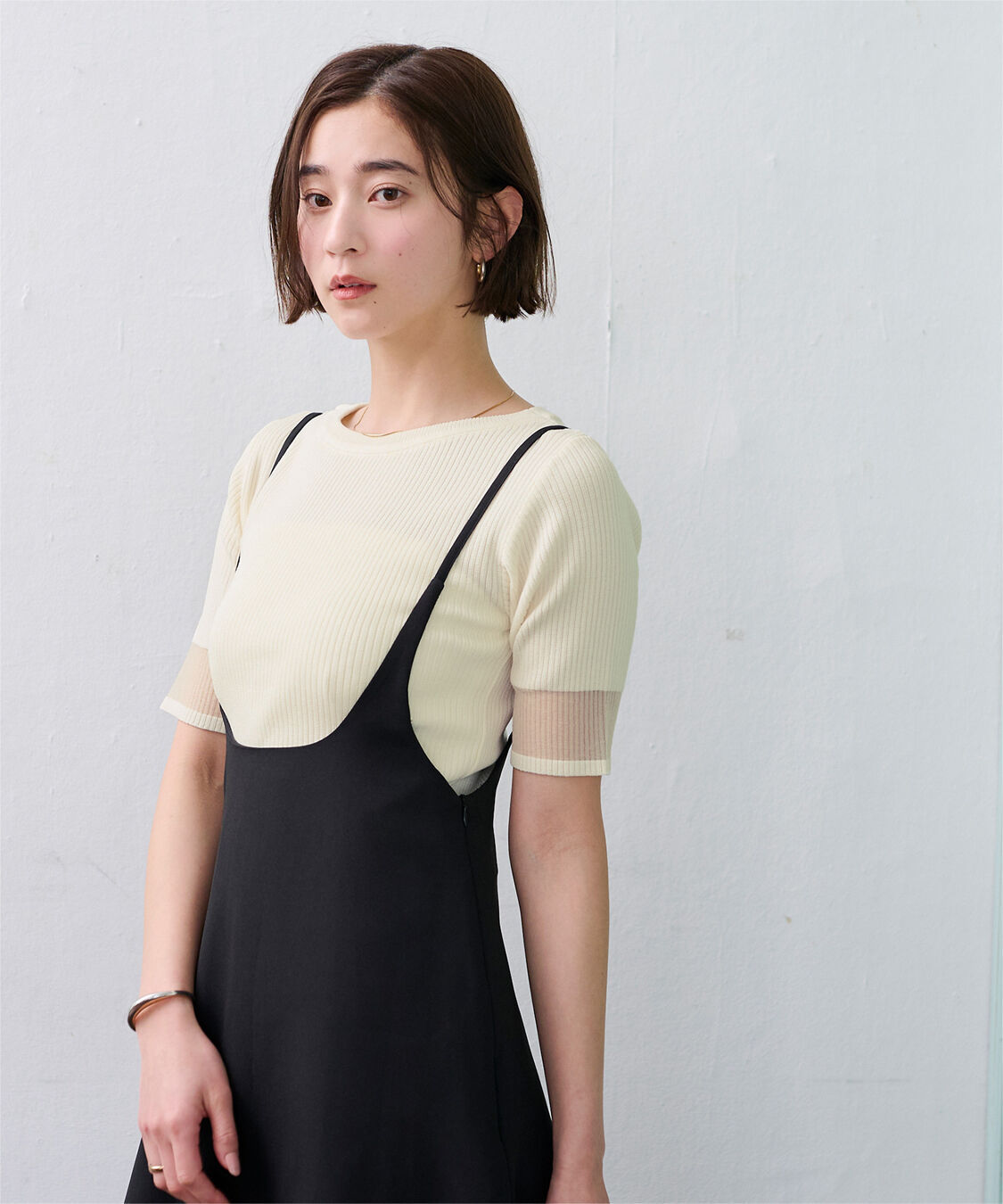 ur's「袖口シアー5分袖リブニット」|ニット・セーター|