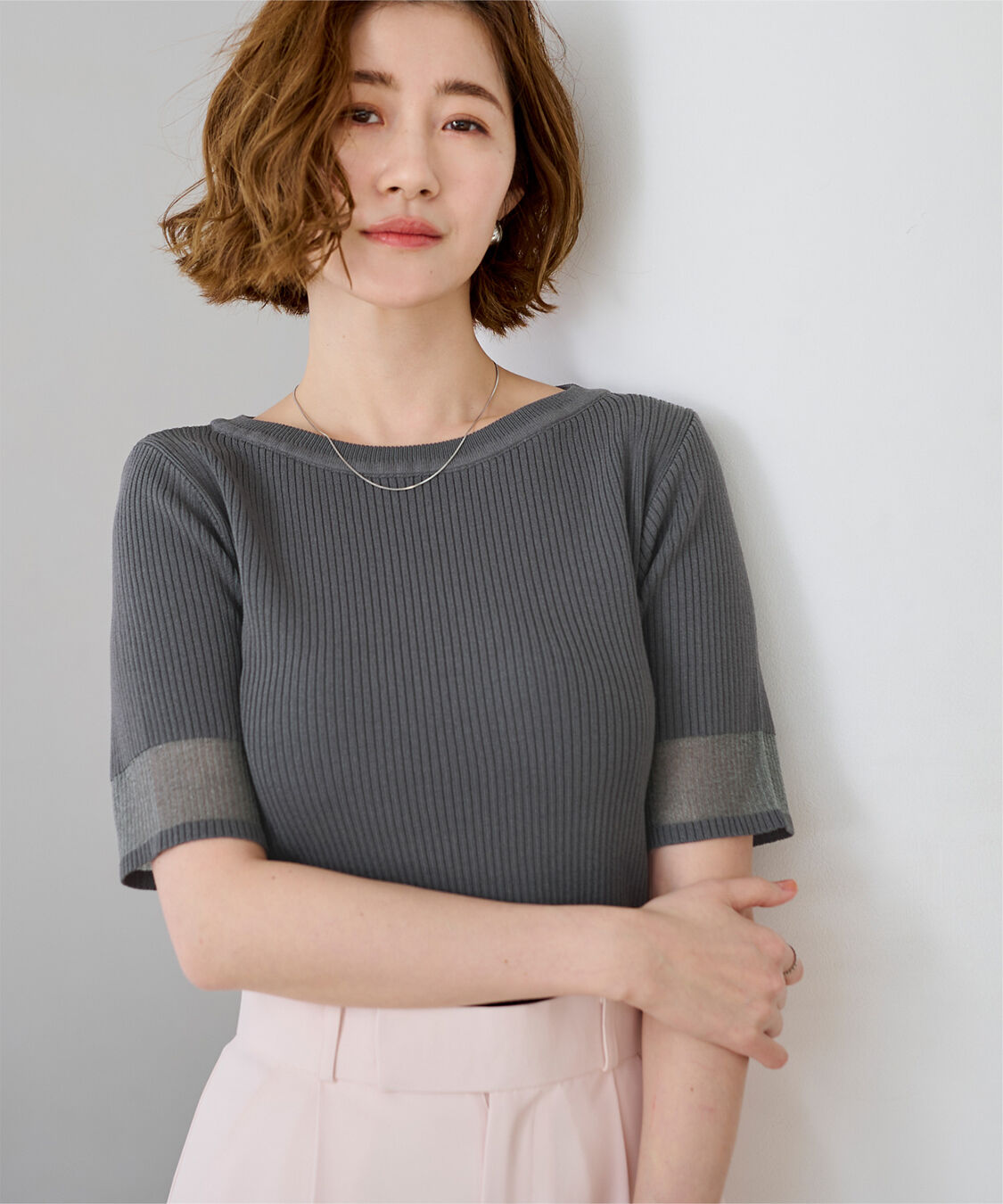 ur's「袖口シアー5分袖リブニット」|ニット・セーター|