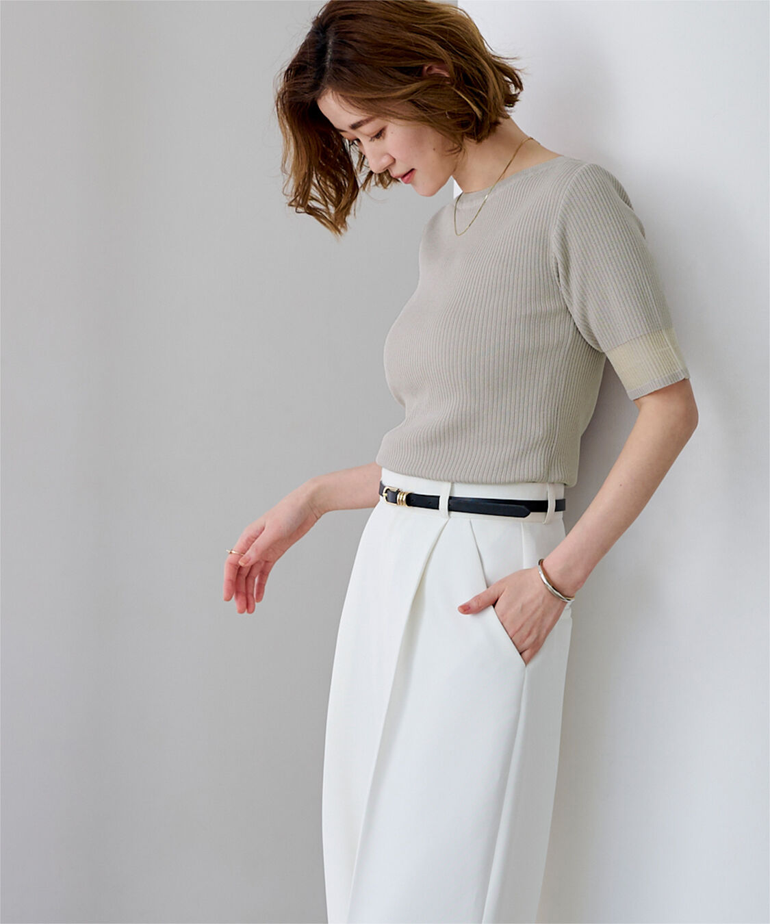 ur's「袖口シアー5分袖リブニット」|ニット・セーター|