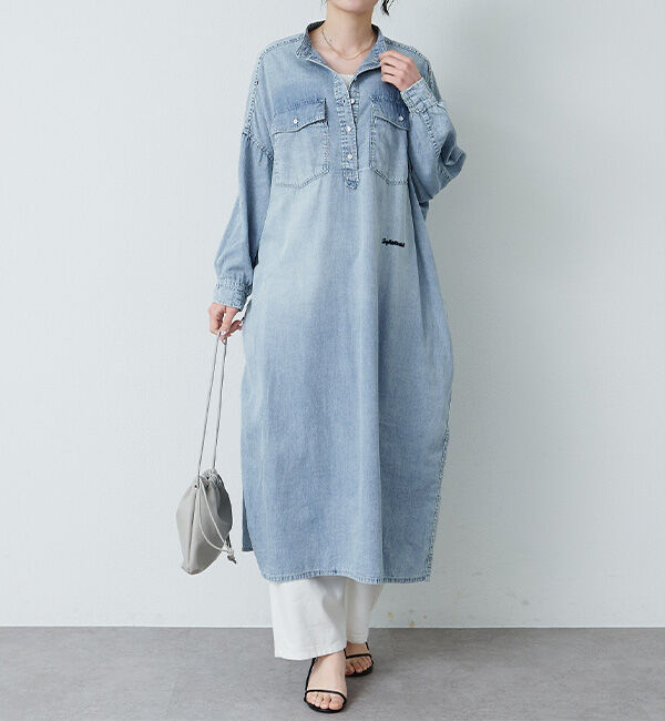  「ヴィンテージライクデニムバンドカラーワンピース」|ワンピース|