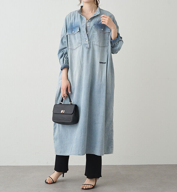  「ヴィンテージライクデニムバンドカラーワンピース」|ワンピース|