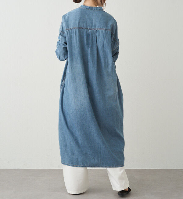  「ヴィンテージライクデニムバンドカラーワンピース」|ワンピース|