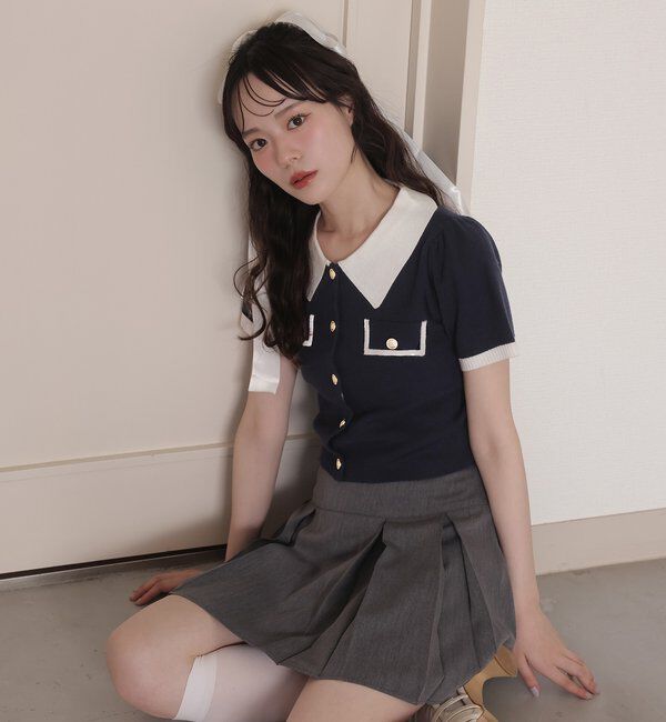  「金ボタン配色衿ニットトップス」|ニット・セーター|