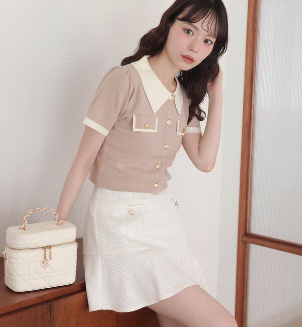  「金ボタン配色衿ニットトップス」|ニット・セーター|