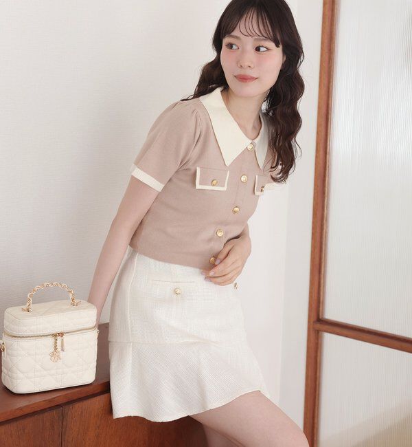  「金ボタン配色衿ニットトップス」|ニット・セーター|