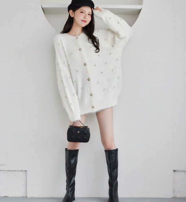  「ビジューフェザーロングカーデ」|ニット・セーター|