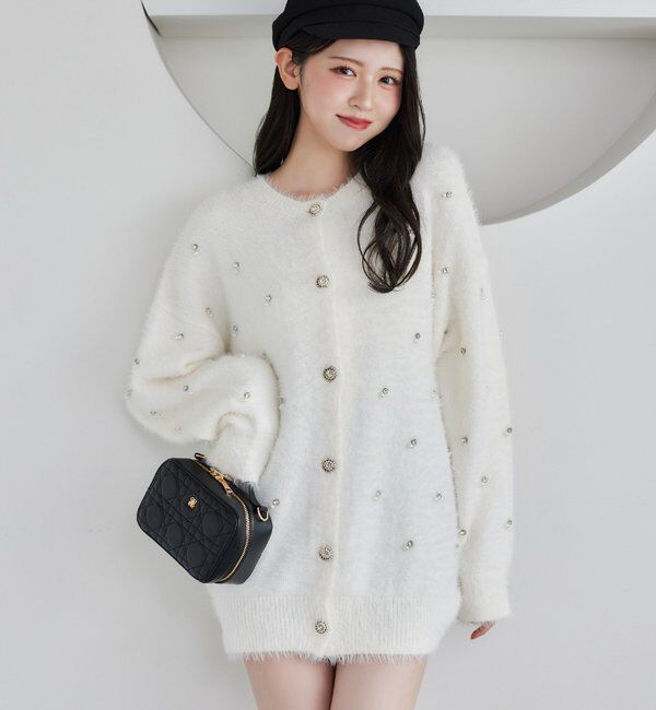  「ビジューフェザーロングカーデ」|ニット・セーター|