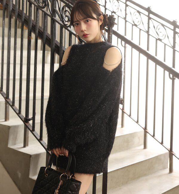  「肩あきビジューニットミニワンピ」|ワンピース|