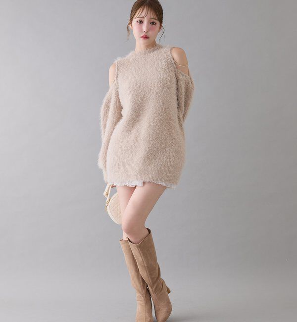  「肩あきビジューニットミニワンピ」|ワンピース|