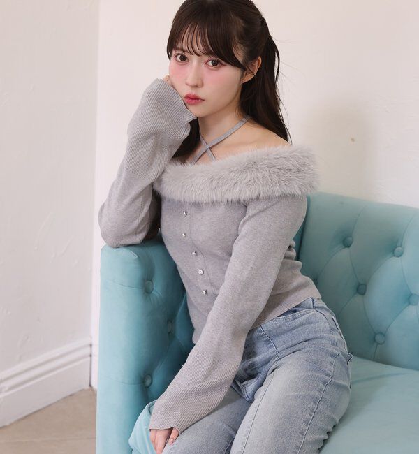  「キラキラボタンファーオフショルニット」|ニット・セーター|