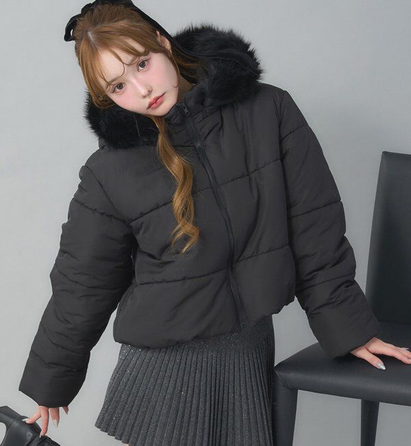  「ファー付きショートフェイクダウン」|ダウンベスト・ベスト|ブラック
