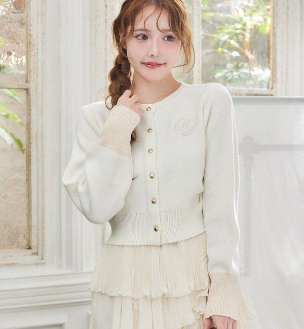  「配色袖刺繍入りカーデ」|ニット・セーター|オフホワイト