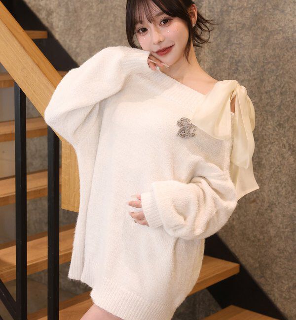  「ブローチ付きベロアモールミニニットワンピース」|ワンピース|