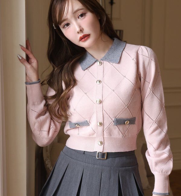  「配色ビジュー付ポロニット」|ニット・セーター|