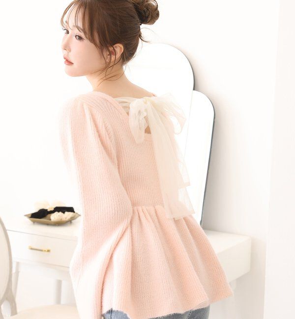  「バックリボンフェザーペプラムニット」|ニット・セーター|ピンク