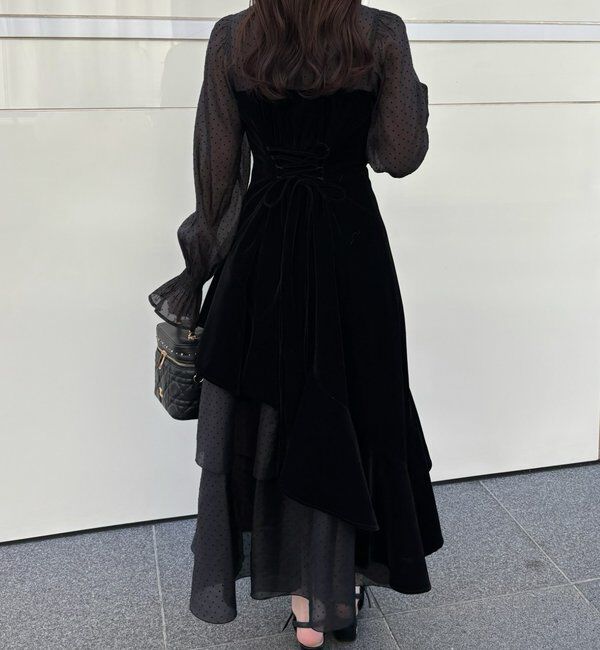  「ベロアリボン異素材ロングワンピース」|ワンピース|