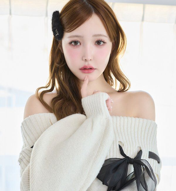  「リボン付きオフショルニットワンピ」|ワンピース|