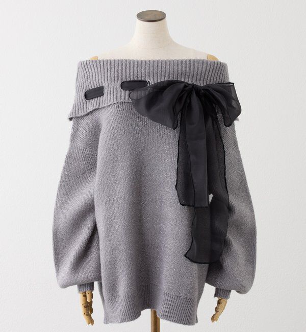  「リボン付きオフショルニットワンピ」|ワンピース|