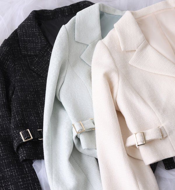  「サイドベルトツイードショートジャケット」|ダウンベスト・ベスト|