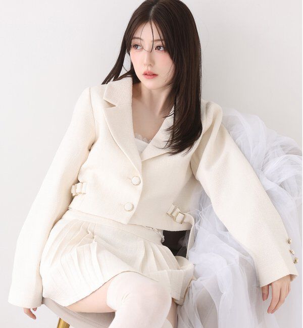  「サイドベルトツイードショートジャケット」|ダウンベスト・ベスト|