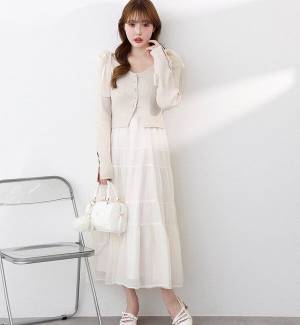  「【肩リボン取り外し可能】カーディガンセット２枚セットワンピ」|ワンピース|