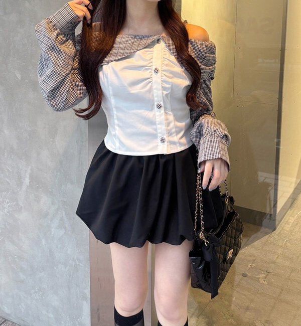  「バックレースアップ配色オフショルブラウス」|シャツ・ブラウス|