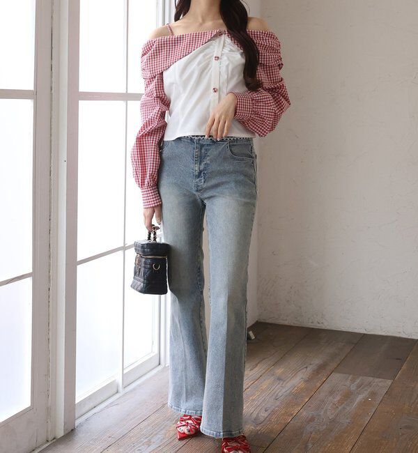  「バックレースアップ配色オフショルブラウス」|シャツ・ブラウス|