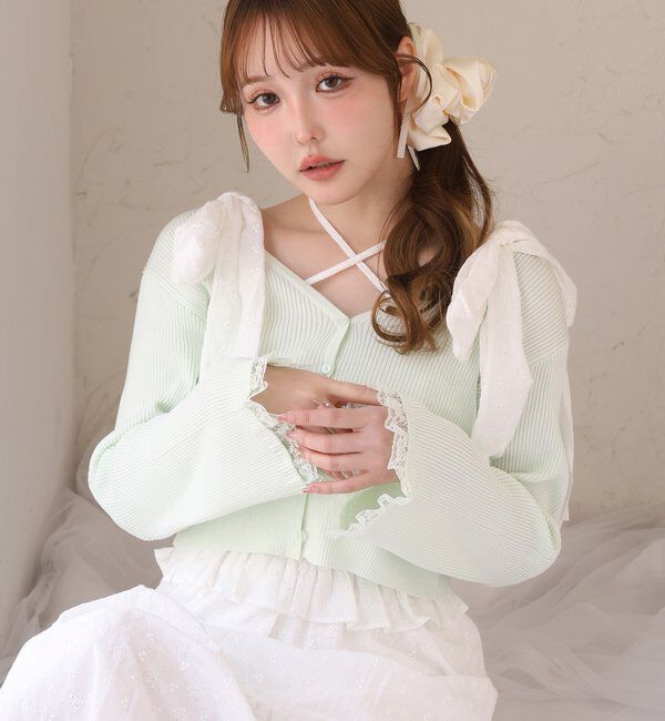  「袖レースカーディガン」|ニット・セーター|ミント