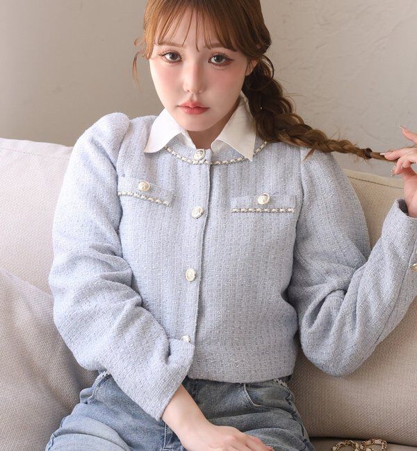  「ノーカラーツイードジャケット」|ダウンベスト・ベスト|