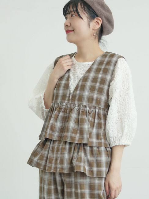 Samansa Mos2「(セットアップ可)フリルジップベスト」|ダウンベスト・ベスト|チェック