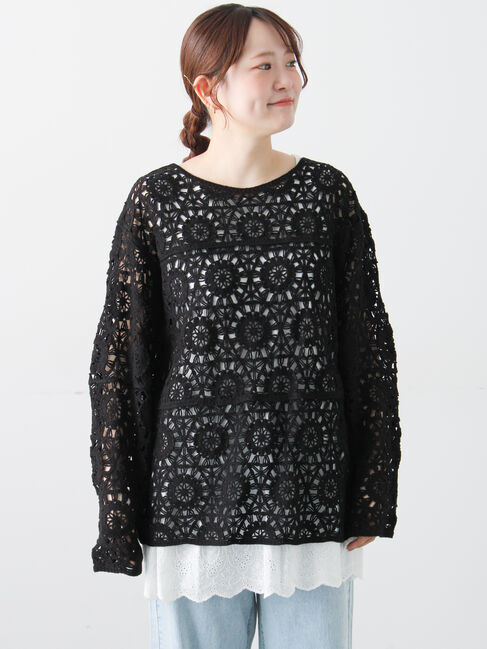 Samansa Mos2「モチーフ編みニットプルオーバー」|ニット・セーター|ブラック