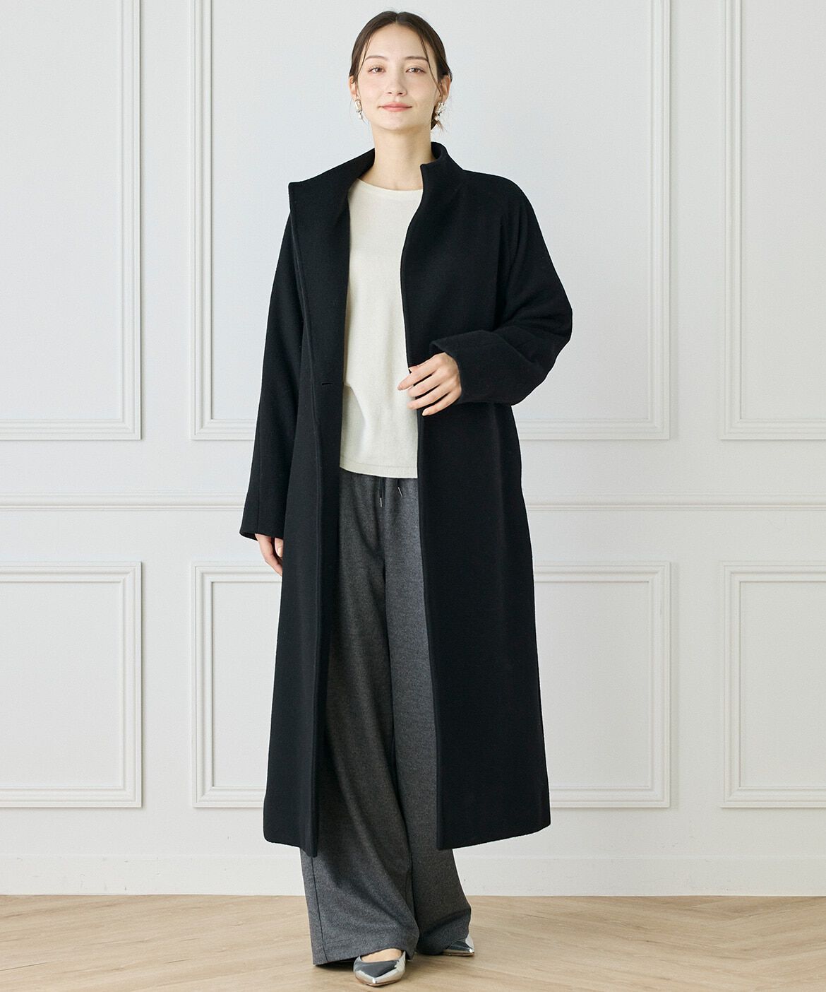 INED「スタンドカラーラグランスリーブコート」|ステンカラーコート|
