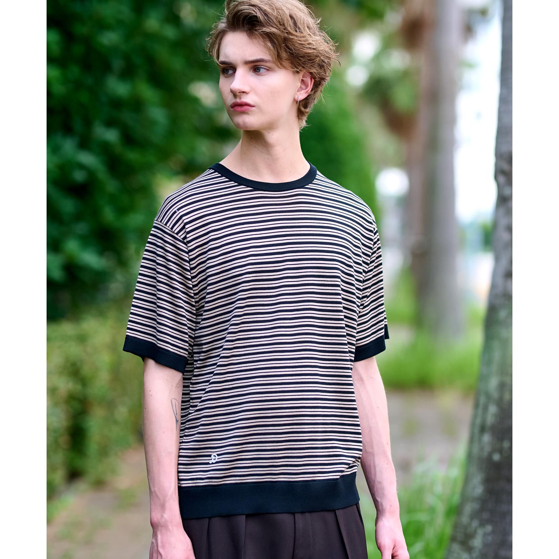 DRESSTERIOR「シルク混ボーダーハーフスリーブニットT」|ニット・セーター|