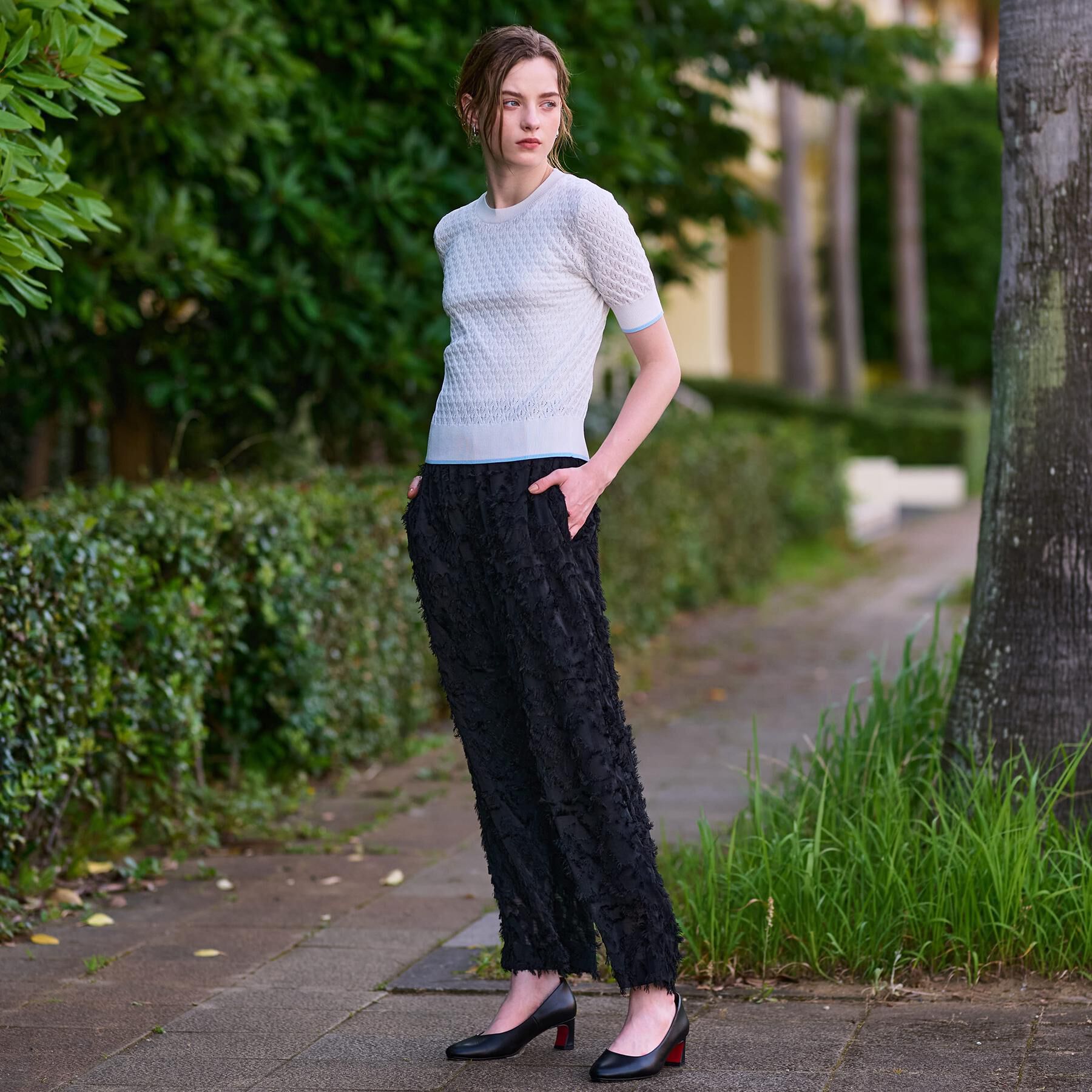 DRESSTERIOR「【6色展開/オンオフ】レース編みハーフスリーブニット」|ニット・セーター|